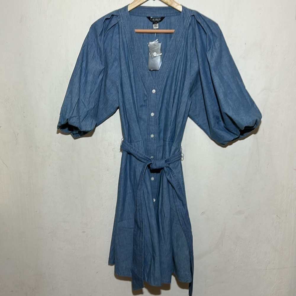 Ralph Lauren Belted Denim Bubble-Sleeve Shirtdress Size 14 NWT - Picture 5 of 11